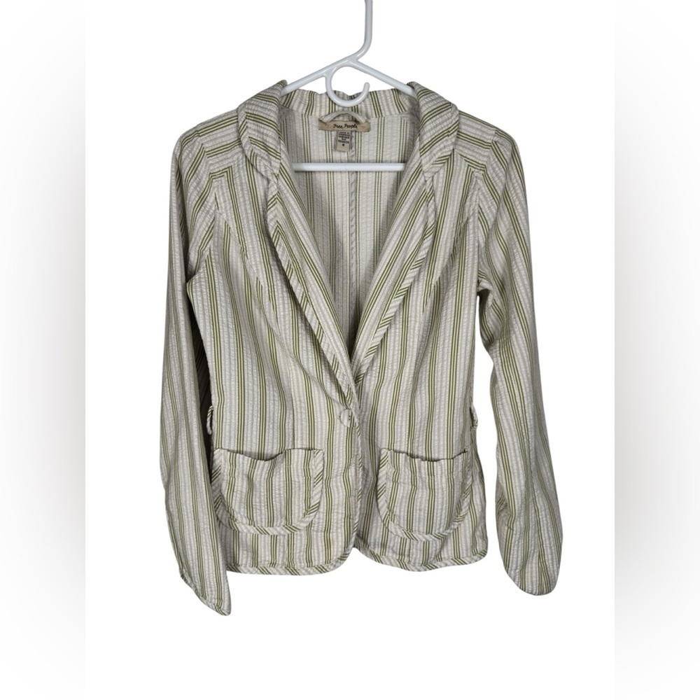 Free People Striped Cotton Blazer Jacket, Green/Cream Stripe, Size 6